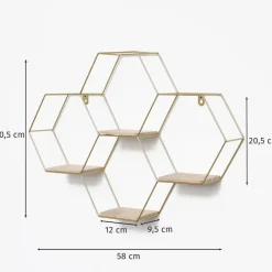 IVOL Vierdubbel zeshoekig metalen wandrek met 4 houten plankjes - 40,5x58 cm - Goud New