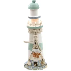 Merkloos Vuurtoren beeldje - Hout - 10 x 30 cm - wit/mintgroen New