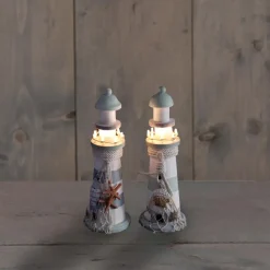 Merkloos Vuurtoren beeldje - Hout - 10 x 30 cm - wit/mintgroen New