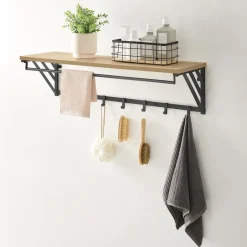 Merkloos Wandkapstok - industriële look - 7 haken - 90x26x30 cm - lichte eik Online