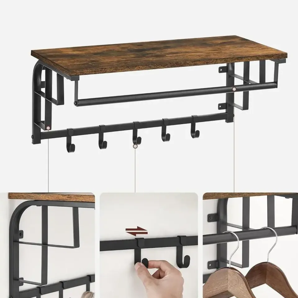 Merkloos Wandkapstok - vintage - 5 haken - 66x27x30 cm - vintage bruin Clearance