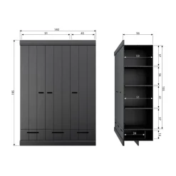 WOOOD Connect Kledingkast 3-Deurs met Lade - Grenen -Zwart- 195x140x53 Hot