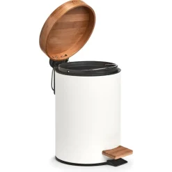 Zeller Pedaalemmer - 3L - wit - metaal en bamboe - 24 cm - toilet New