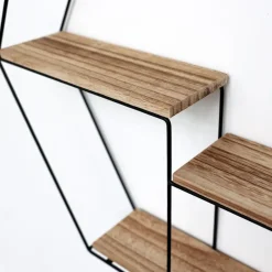 IVOL Zwart metalen wandrek met 3 houten plankjes - Zeshoek - 48x55x10 cm Outlet