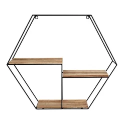 IVOL Zwart metalen wandrek met 3 houten plankjes - Zeshoek - 48x55x10 cm Outlet