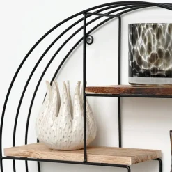 IVOL Zwart metalen wandrek met 4 houten plankjes - Rond - 50x11 cm Online