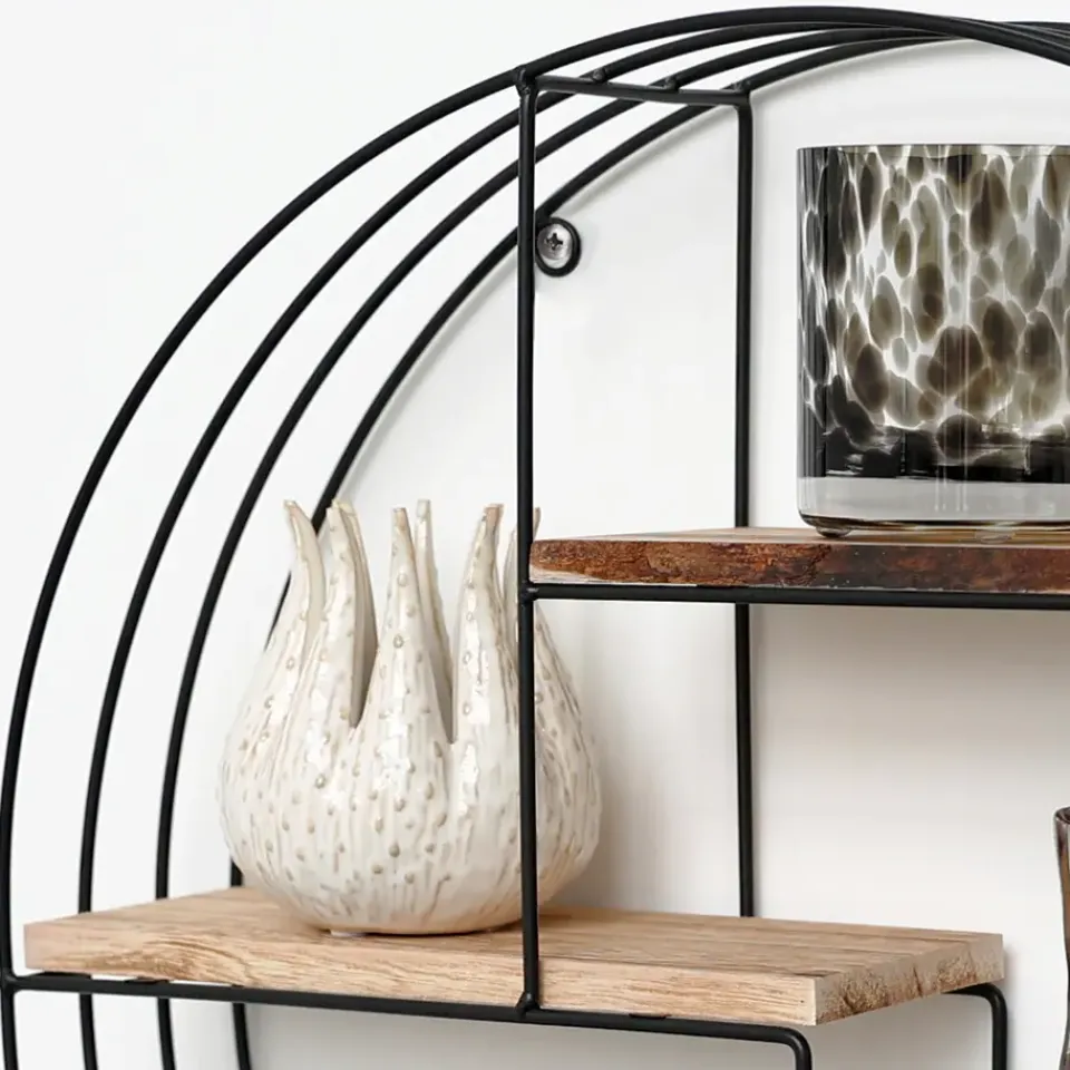 IVOL Zwart metalen wandrek met 4 houten plankjes - Rond - 50x11 cm Online