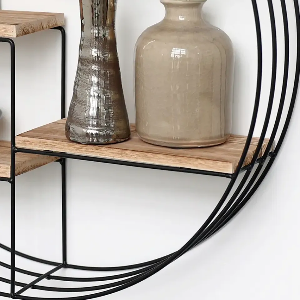 IVOL Zwart metalen wandrek met 4 houten plankjes - Rond - 50x11 cm Online