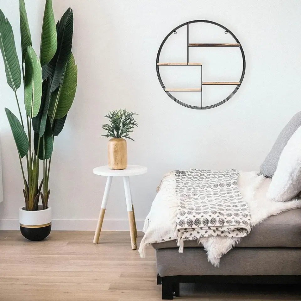 IVOL Zwart metalen wandrek met 4 houten plankjes - Rond - 50x11 cm Online