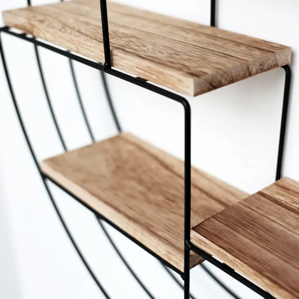 IVOL Zwart metalen wandrek met 4 houten plankjes - Rond - 50x11 cm Online