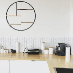 IVOL Zwart metalen wandrek met 4 houten plankjes - Rond - 50x11 cm Online