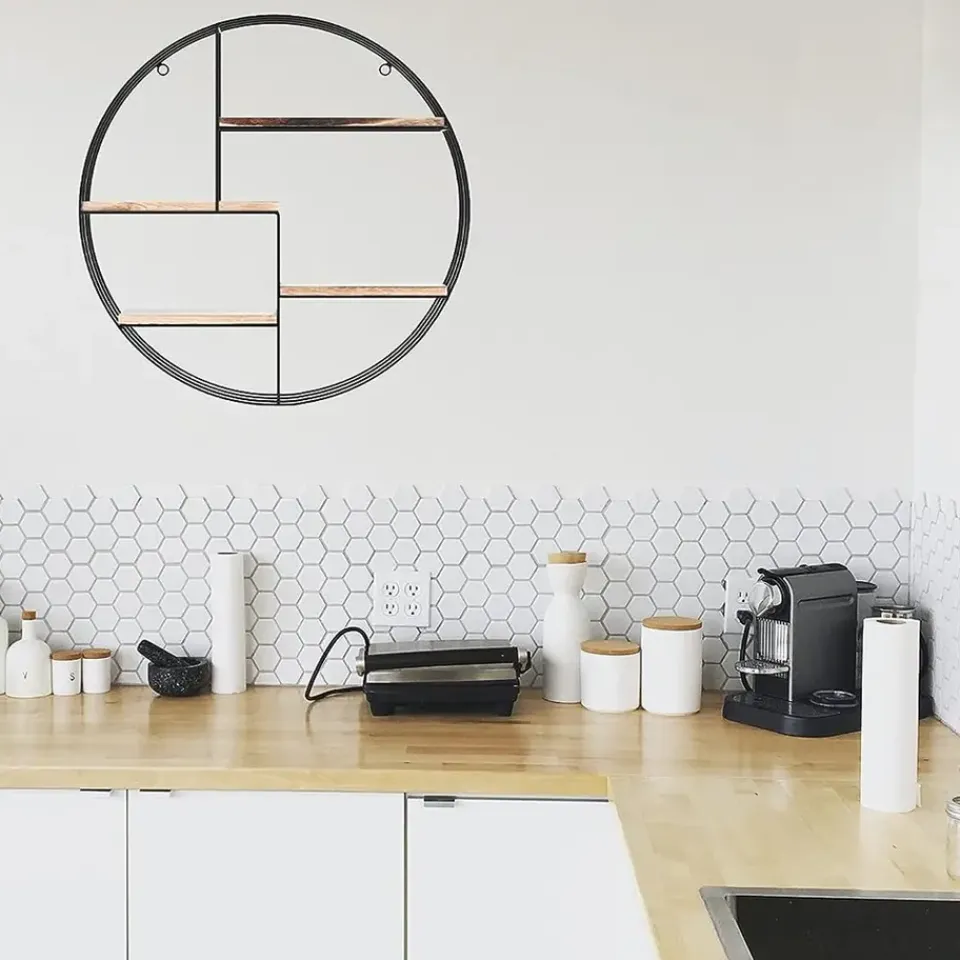 IVOL Zwart metalen wandrek met 4 houten plankjes - Rond - 50x11 cm Online