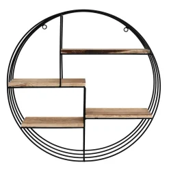 IVOL Zwart metalen wandrek met 4 houten plankjes - Rond - 50x11 cm Online