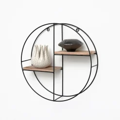IVOL Zwart metalen wandrek met 2 houten plankjes - Rond - 37x10 cm Discount