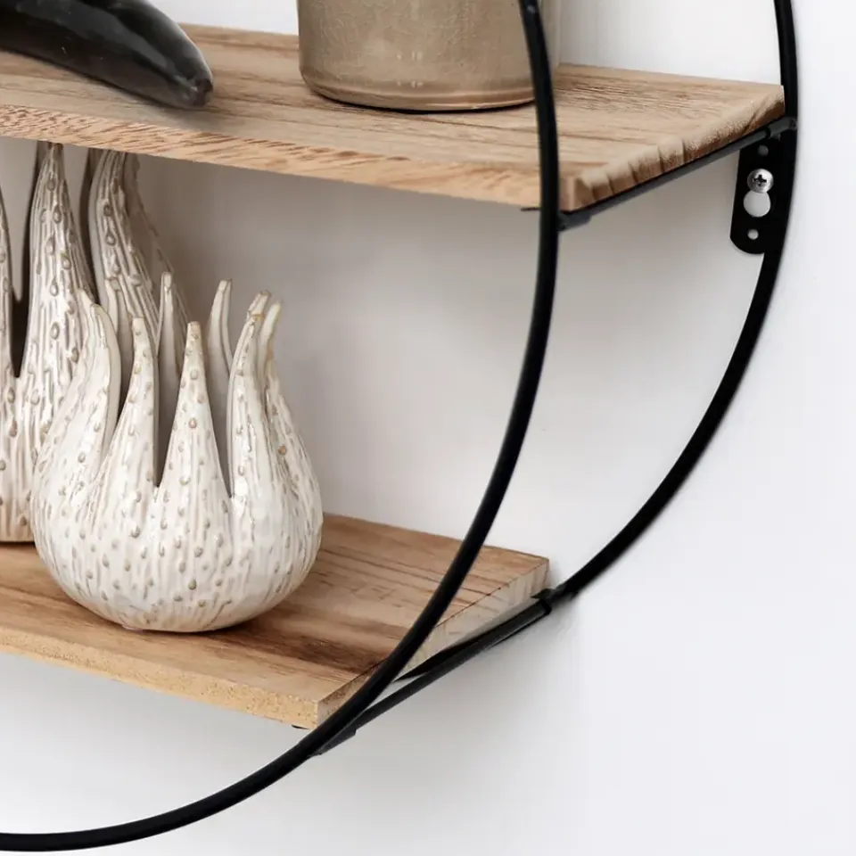 IVOL Zwart metalen wandrek met 3 houten plankjes - Rond - 50x19 cm New