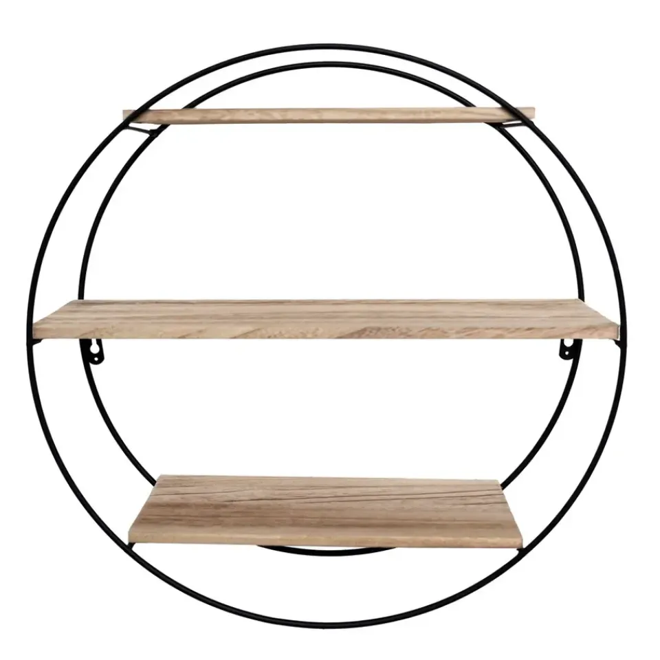 IVOL Zwart metalen wandrek met 3 houten plankjes - Rond - 50x19 cm New