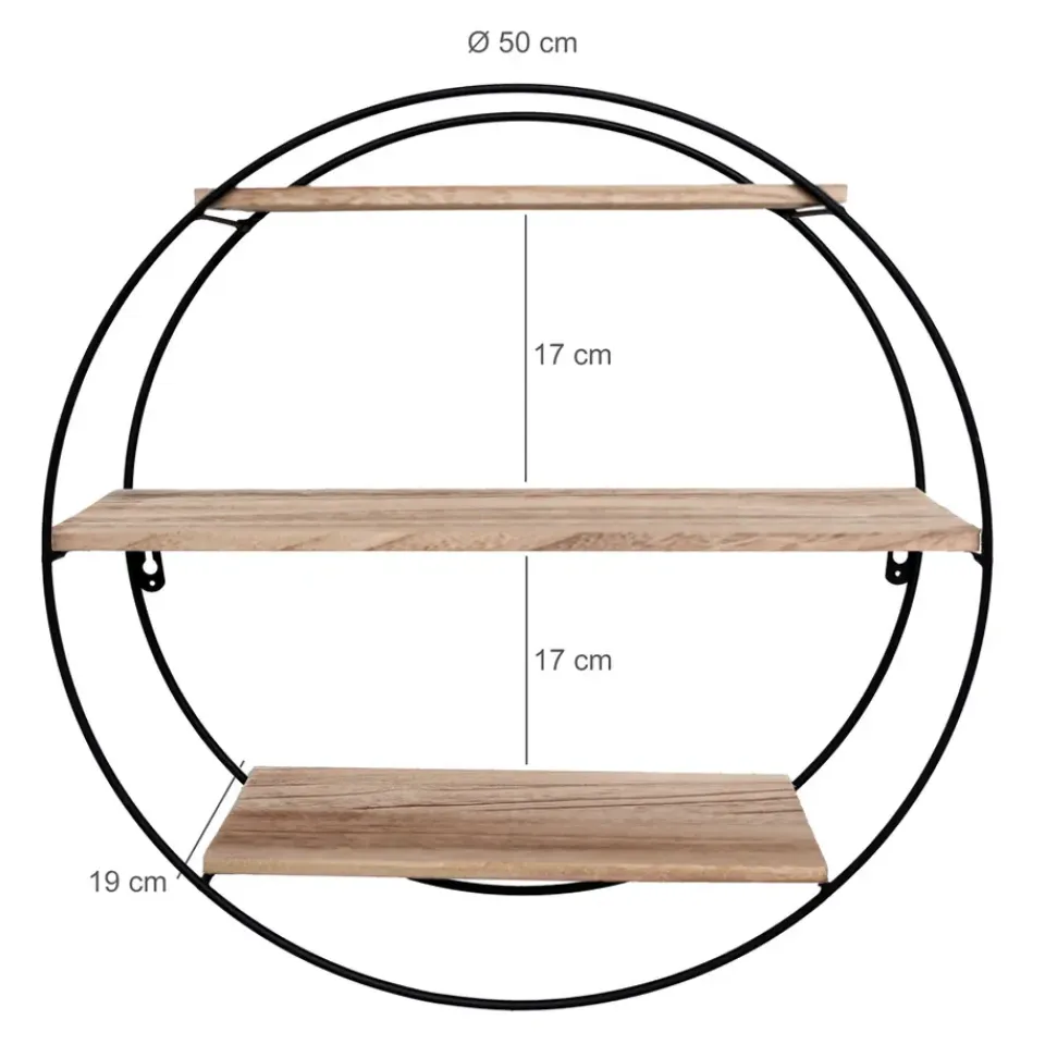 IVOL Zwart metalen wandrek met 3 houten plankjes - Rond - 50x19 cm New