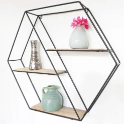 IVOL Zwart metalen wandrek met 3 houten plankjes - Zeshoek diagonaal Sale