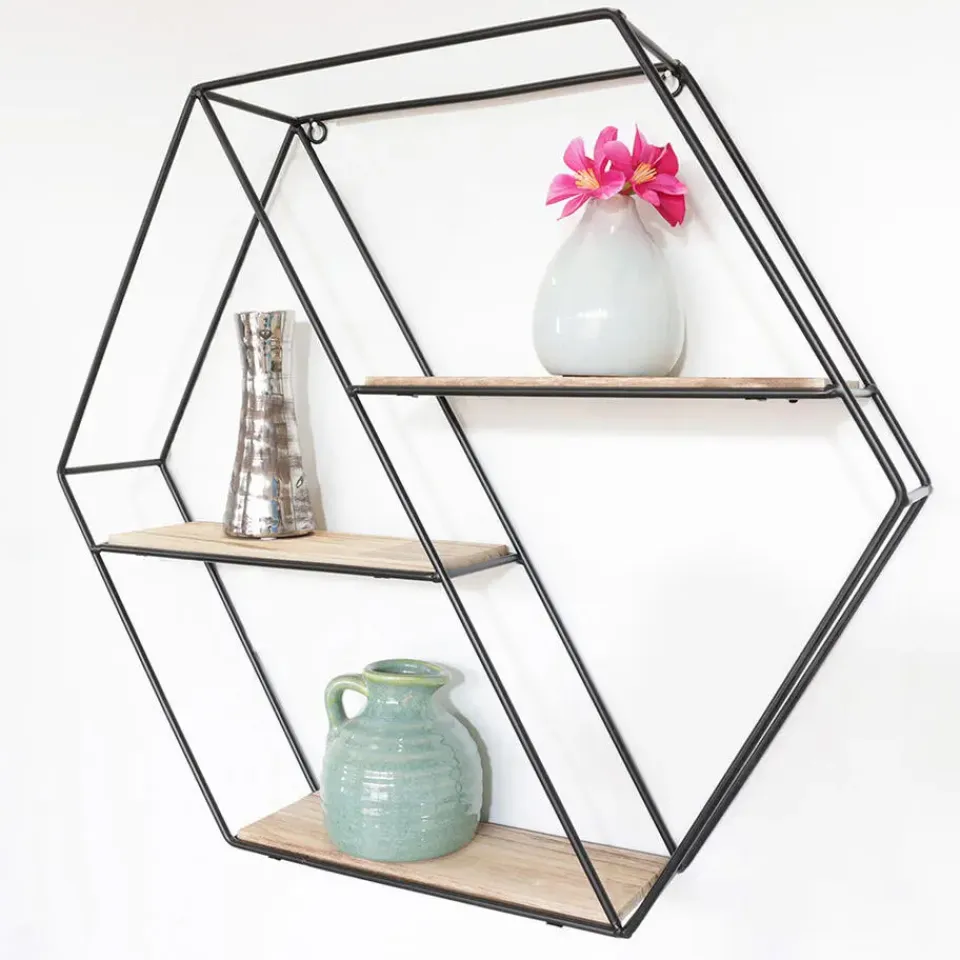 IVOL Zwart metalen wandrek met 3 houten plankjes - Zeshoek diagonaal Sale