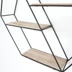 IVOL Zwart metalen wandrek met 3 houten plankjes - Zeshoek diagonaal Sale