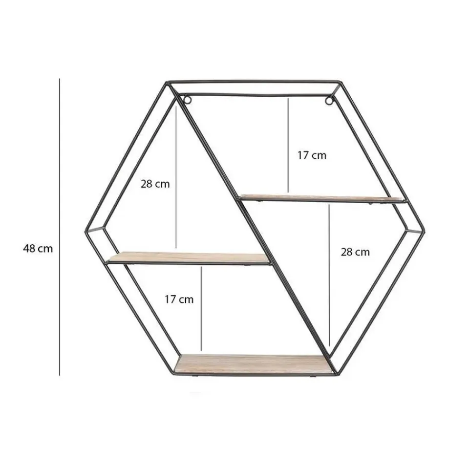 IVOL Zwart metalen wandrek met 3 houten plankjes - Zeshoek diagonaal Sale